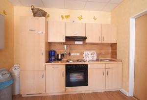 eine kleine Küche mit Holzschränken und einem Waschbecken in der Unterkunft City Apartment Papenburg in Papenburg