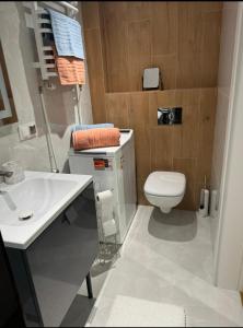 une salle de bain avec toilettes et lavabo dans l'établissement Apartament SUNNY Przy Rynku z klimatyzacją i parkingiem, à Kielce