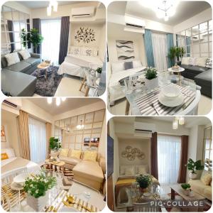 a collage of four pictures of a living room at Davao Inspiria Condominium units with balcony beside Abreeza Mall in Davao City