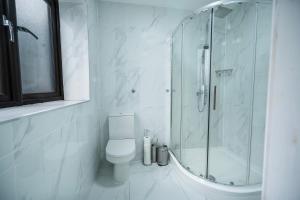 a white bathroom with a shower and a toilet at Farm House Manor Luxury 8 bedrooms & 7 bathrooms Farm House & 40 mins away from Tower in Little Bridgeford +31 photos