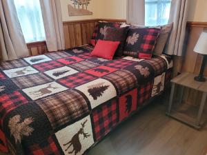 a bed with a quilt and a red pillow at Castaways Cottage on Croton Pond #5 in Newaygo