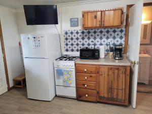 a kitchen with a white refrigerator and a stove at Castaways Cottage on Croton Pond #5 in Newaygo +13 photos