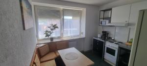 een kleine keuken met een fornuis en een raam bij Arzberger Monteurapartment in Arzberg