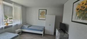 een kleine kamer met een bed en een televisie bij Arzberger Monteurapartment in Arzberg