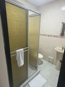 a bathroom with a shower with a toilet and a sink at Aptos KARS in Ríohacha +17 photos
