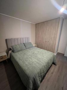 a bedroom with a large bed with a green comforter at Santa Rosa del Mar, Departamento in Coquimbo +10 photos