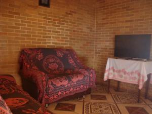 a living room with a chair and a tv at Casa Da Dona Selma in Pirenópolis