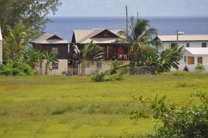 a house in a field with the ocean in the background at Green Garden Apartment in Christ Church