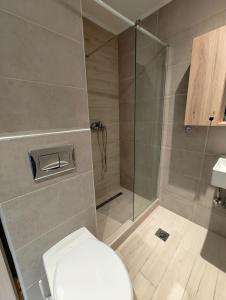 a bathroom with a toilet and a glass shower at Studio 87 in Rhodes Town +5 photos