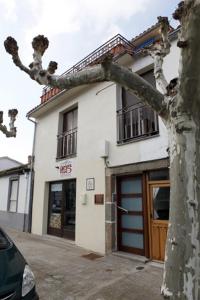 un árbol frente a un edificio con garaje en Apartamentos Hervasypunto, en Hervás