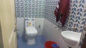 a small bathroom with a toilet and a sink at Kanha Homestay and restaurant in Dhanaulti