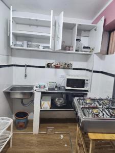 eine kleine Küche mit Herd und Spüle in der Unterkunft Departamento esmeralda in Chota