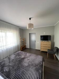 a bedroom with a bed and a dresser and a television at Casa Din Deal in Huşi