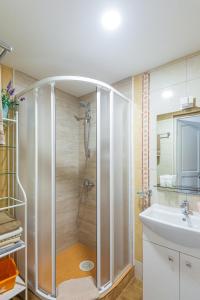 a bathroom with a shower and a white sink at Vila Romantika in Palanga
