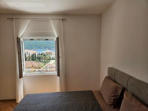 a bedroom with a bed and a large window at Apartman Palma in Kumbor