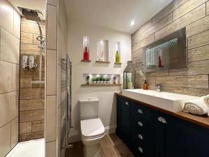 a bathroom with a white toilet and a sink at Executive 1bd 1st floor flat in Caerleon