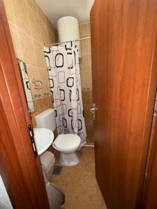 a bathroom with a toilet and a shower curtain at Apartments Lazo in Ulcinj
