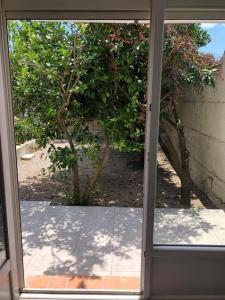 an open glass door with a view of a garden at T2 climatisé à 10 min des plages in Perpignan