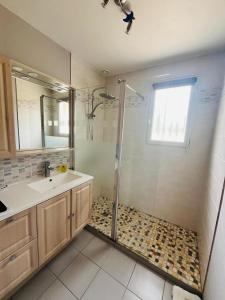 a bathroom with a shower and a sink at Maison située aux confins de la Vallée du Loir in Le Lude