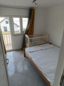 a bedroom with a bed and two windows at Viewpoint house in Donja Jošica