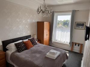 una camera da letto con un letto con un lampadario a braccio e una finestra di The Shirley a Torquay