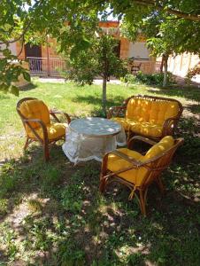 a group of chairs and a table in the grass at Lionz Village in Skala Fourkas +9 photos