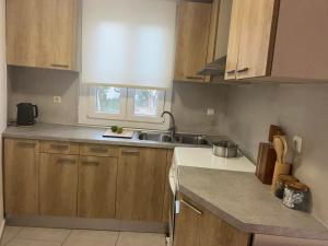 a kitchen with wooden cabinets and a sink at Katofli Holiday Home in Triovasálos
