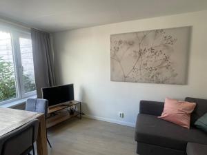 a living room with a couch and a tv at Wendy's Tiny Beachhouse in Noordwijk