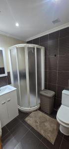 a bathroom with a shower and a toilet at Ático Paraíso in San Ciprián +8 photos