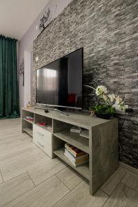 a living room with a television on a brick wall at Urban Escape - Soft & Stylish Retreat in Arad +31 photos