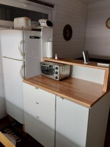 a kitchen with a counter with a microwave and a refrigerator at Tiny House im Kremstal in Micheldorf in Oberösterreich +12 photos