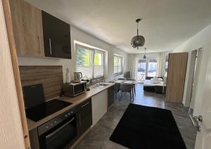 a kitchen with a counter and a living room at Apartment Oberleins III in Arzl im Pitztal