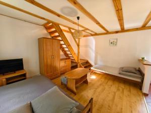 a bedroom with a bed and a tv in a room at Pod kogutkiem in Kruklanki