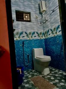 HonāvarVian Homestay的一间带卫生间和蓝色墙壁的浴室
