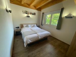 Un dormitorio con una cama grande con ventana. en Apart Montis, en See