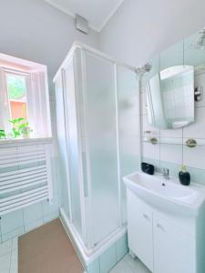 a white bathroom with a shower and a sink at Apartament w Złotym Stoku Przystanek Las in Złoty Stok