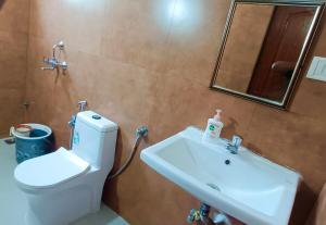a bathroom with a toilet and a sink and a mirror at Corundum Twins in Arpora, 5 mins to Baga Calangute in Arpora