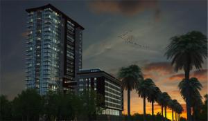 un rendu d'un grand bâtiment avec des palmiers dans l'établissement Batumi city apartments, à Batoumi