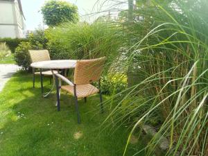 two chairs and a table in the grass at Ferienwohnung Emmi in Nordenham