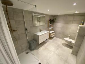 a bathroom with a shower and a sink and a toilet at Studio Alexander with private indoor parking in Zandvoort