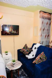 a living room with a blue couch with pillows on it at Lakeview homes in Naivasha