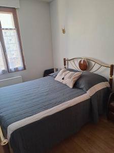 a bedroom with a large bed with a blue blanket at Idéal , Plein centre-ville tout confort in Espalion