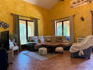 una sala de estar con un sofá y una mesa en Beau mas cévenol avec piscine, en Corbés