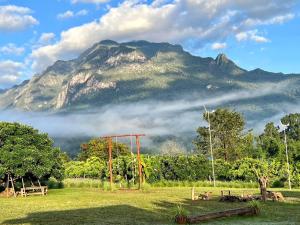 ein Berg in der Ferne mit einem nebligen Feld mit einer Schaukel in der Unterkunft Doi Piang Dao Farm in Ban Tham