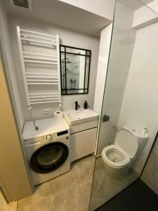 Un baño pequeño con inodoro y lavabo. en MANIU-APUSULUI Studio, en Bucarest