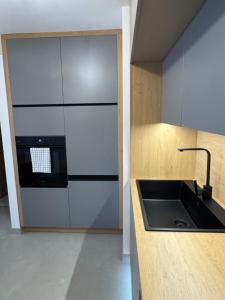 a kitchen with a sink and a microwave at Eden Pécs - Luxus színvonal, belvárosi kényelem in Pécs