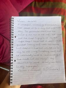 a note book with handwriting on it at Eco Crofter's Wagon by the Sea - Off Grid Experience - No electricity - As seen soon on Netflix in Oldshoremore
