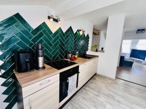een keuken met een aanrecht met een fornuis bovenste oven bij The Mountain Sky Apartment - prostorný loft 198 m2 s lesem za okny vhodný pro rodiny s dětmi, terasa, dětský koutek, parkování zdarma in Jeseník +44 foto's