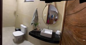 a bathroom with a sink and a toilet and a mirror at Paraíso em Santo Amaro in Santo Amaro +16 photos
