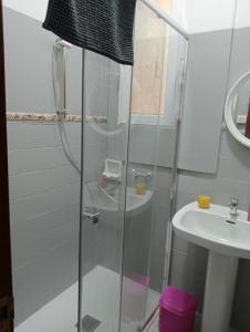 a bathroom with a shower and a sink at La Chungita in Villanueva de Arosa